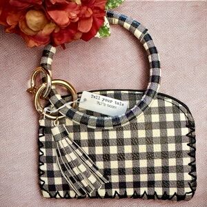 NWT Tell Your Tale Black White Gingham Tassel Bangle Bracelet Key Ring Wristlet